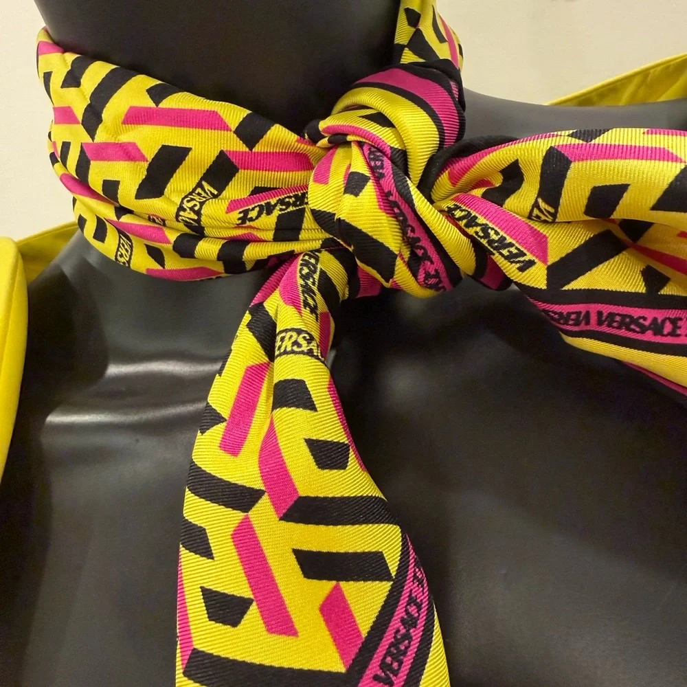 VERSACE Silk Logo Scarf Yellow Pink Black Medusa Pattern – New